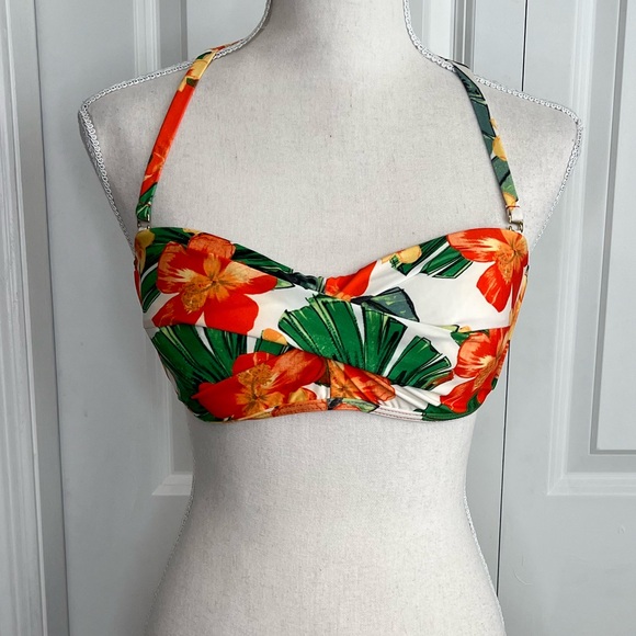 Athena Other - Athena Orange Green Floral Bandeau Bikini Swim Top 10 Tie Back Tropical Beach